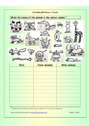 Vocabulary Worksheet - Animals