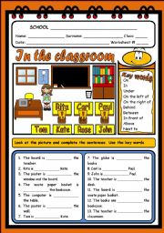 English Worksheet: IN THE CLASSROOM - PLACE PREPOSITIONS