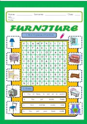 English Worksheet: Furniture wordsearch