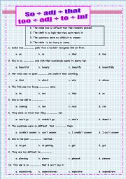 English Worksheet: so ... that  / too .. to 