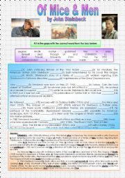 English Worksheet: Of Mice & Men by John Steinbeck - PART 1/3 - Novel Study - Cloze Activity with ANSWERS - Intermediate to Advanced Level - (( B&W VERSION INCLUDED ))