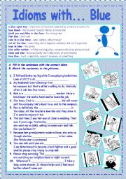 English Worksheet: Idioms with colors: BLUE (+answer key)