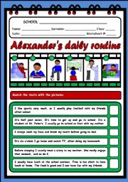 English Worksheet: ALEXANDERS DAILY ROUTINE (2 PAGES)