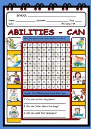 English Worksheet: ABILITIES (ACTIONS) - WORDSEARCH