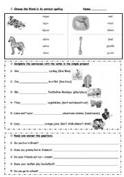English worksheet: Simple present + animal voc