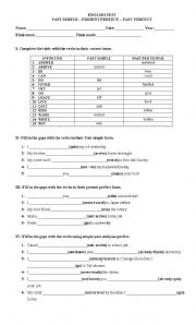 English worksheet: SIMPLE PAST, PRESENT PERFECT AND PAST PERFECT TEST