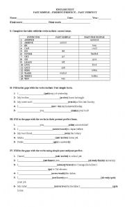English Worksheet: SIMPLE PAST, PRESENT PERFECT AND PAST PERFECT TEST