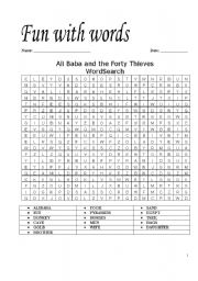 English Worksheet: Ali Baba and the Forty Thieves Word Search