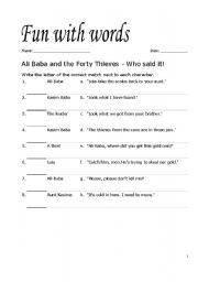 English Worksheet: Ali Baba and the Forty Thieves - Who said it?