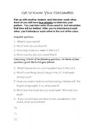 English worksheet: Get to Know Your Classmates