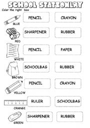 English Worksheet: school stationery worksheet (2 pages)