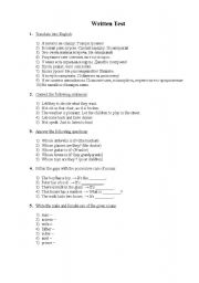 English Worksheet: Written Test on Imperative Sentences, Possesives and Gender