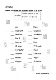 English Worksheet: ARTICLES