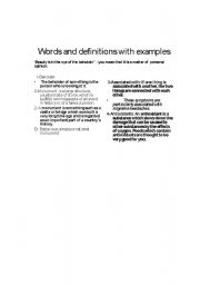 English worksheet: Wordsand difiniotions with examples