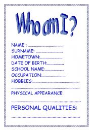 English worksheet: WHO AM I?