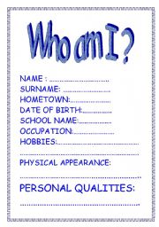 English Worksheet: WHO AM I?