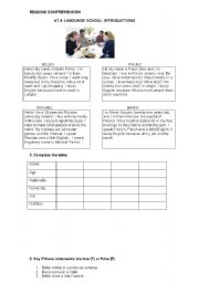 English Worksheet: READING COMPREHENSION FOR BEGINNERS-INTRODUCTIONS AT A LANGUAGE SCHOOL