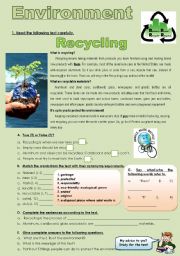 English Worksheet: ENVIRONMENT - RECYCLING