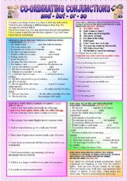 English Worksheet: CONJUNCTIONS - AND - BUT - OR - SO - (( definitions & 5 Exercises with over 50 sentences to complete )) - elementary/intermediate - (( B&W VERSION INCLUDED ))