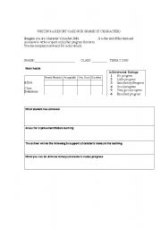 English worksheet: Writng a report card for a character