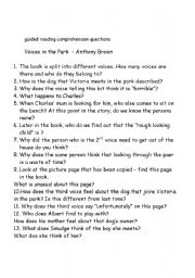 English Worksheet: Voices in the Park - Author Anthony Browne - comprehension questions 
