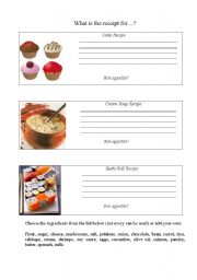 English Worksheet: What is the recipe for...?