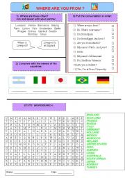 English Worksheet: Countries. Where are you from?