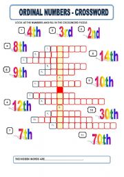 English Worksheet: ORDINAL NUMBERS - CROSSWORD