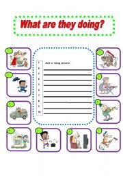 English Worksheet: What are they doing? practice present continuous tense!!