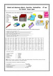 English Worksheet: School and classroom objects, Countries and Nationalities