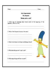 English worksheet: Marge gets a job - comprehension questions