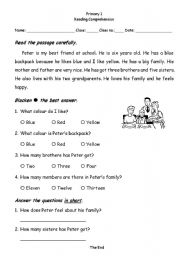 Primary One Reading Prehesion ESL Worksheet By Sueng