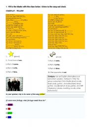 English worksheet: SONG YELLOW - COLDPLAY