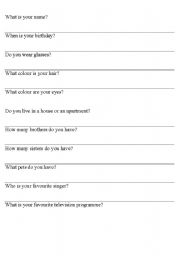 English worksheet: Simple questions for children to answer about themselves.