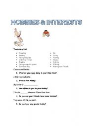 English worksheet: Hobbies and Interests