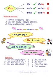 English Worksheet: using the Auxiliary verb(Can) in sentences or questions.