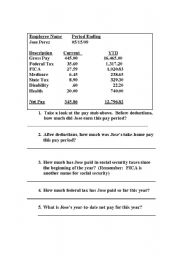 English worksheet: Reading American Paystubs Exercise