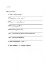 English worksheet: Introducing yourself