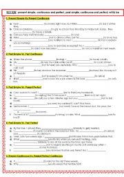 English Worksheet: Review: present simple, continuus and perfect, past simple, continuous and perfect, will & be going to