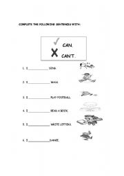 English Worksheet: Complete with Can or Cant