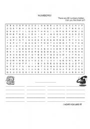 English worksheet: NUMBERS WORDSEARCH