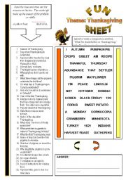 English Worksheet: Fun Sheet Theme: Thanksgiving