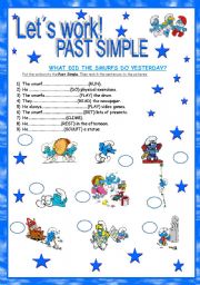 English Worksheet: Lets work! PAST SIMPLE with The smurfs