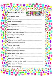English Worksheet: ANSWER ABOUT YOU