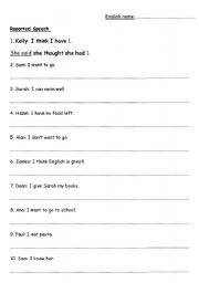 English worksheet: Reported Speech (from present tense)