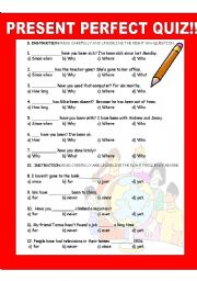 English Worksheet: PRESENT PERFECT TENSE QUIZ!!!!