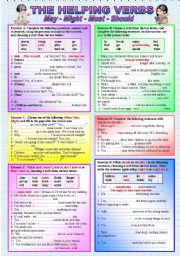 English Worksheet: HELPING VERBS/MODALS - MAY - MIGHT - MUST - SHOULD  - (( 6 Exercises & 58 Exercises to complete )) - elementary/intermediate - (( B&W VERSION INCLUDED ))