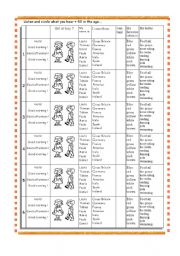 English Worksheet: greetings, boy girl, name, age, favourite colour, hobby