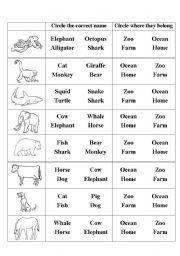 English Worksheet: Animals Matching - Pictures, words, and where they live.