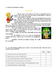 English Worksheet: Reading and comprehension text about family - Simpsons (2 sheets)